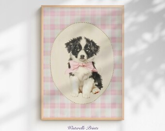 Lámina de cuadros vichy para guardería de cachorros de Border Collie: Decoración rosa pastel para habitación de niñas (descarga digital)