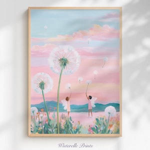 May include: A framed art print featuring a whimsical scene with large dandelion seed heads and two figures with fairy wings. The background has a pastel sky with pink and blue hues. The print is labeled "Wisterelle Prints".