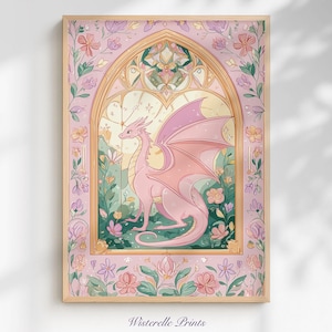 May include: A framed art print depicting a pink dragon with large wings, set within a stained-glass window design. The artwork is framed by a floral border in pinks, greens, and yellows. The text "Wisterelle Prints" is at the bottom of the print.