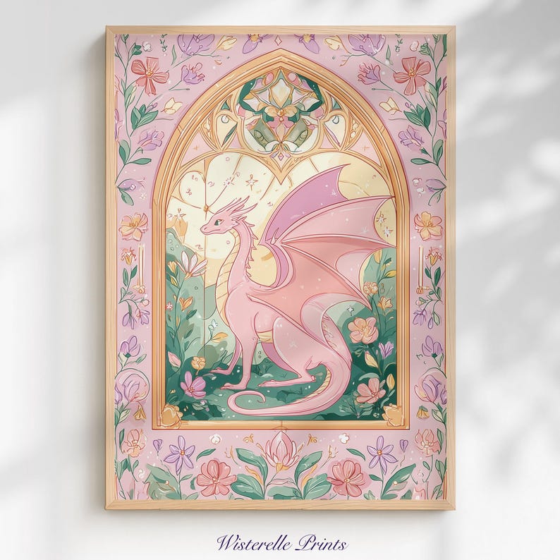 Dragon Stained Glass Window Wall Art Print: Pastel Fantasy Dorm Decor ...