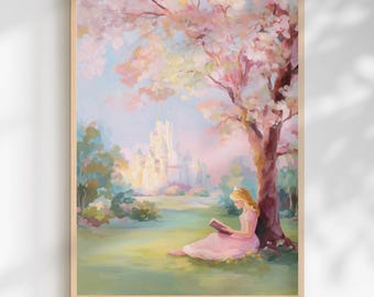 Betoverde prinseslezing en kasteelkunst aan de muur: pastel, grillig sprookje kinderkamerdecor (digitale download)