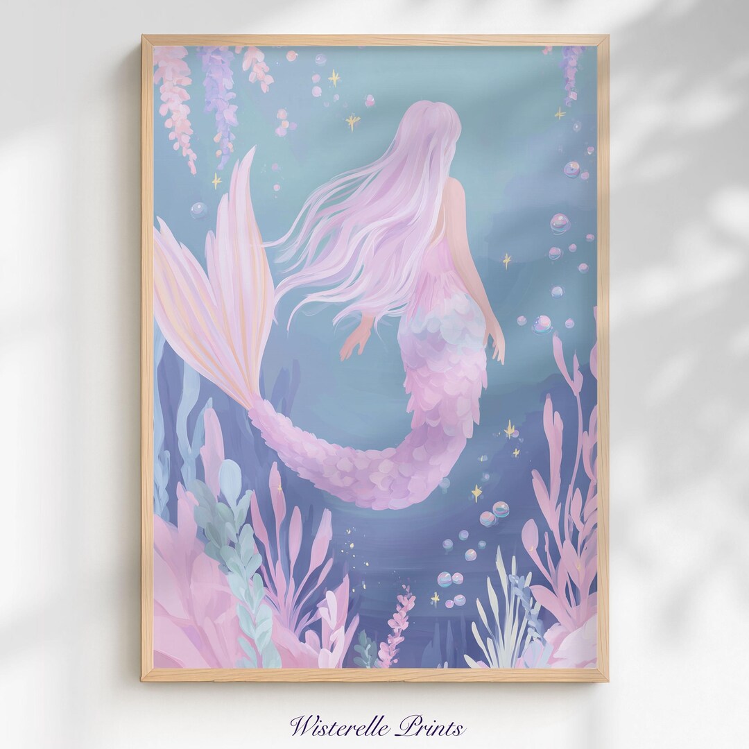 Pink Mermaid Swimming Wall Art Print: Pastel Whimsical Underwater Kids ...