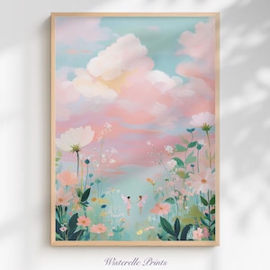 May include: A framed art print with a dreamy landscape. The image shows a pastel sky with pink clouds above a flower-filled meadow. Two small figures are in the center. The text "Wisterelle Prints" is at the bottom of the print.