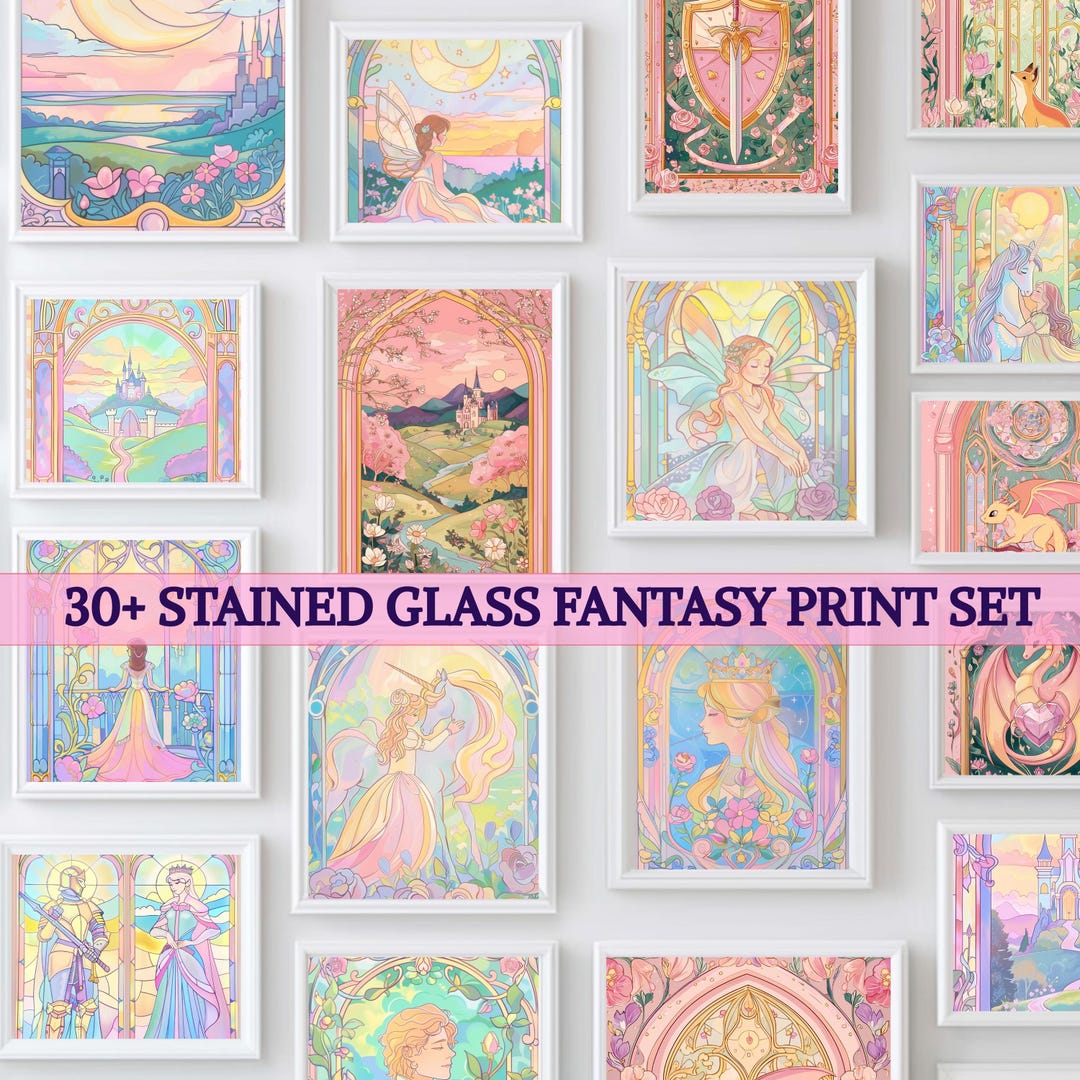 30+ Pastel Stained Glass Fantasy Wall Art Bundle Prints: Dragons, Fairy ...