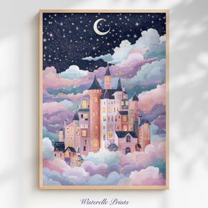 May include: A framed print depicting a fairytale castle amidst fluffy clouds and a starry night sky with a crescent moon. The castle is in shades of pink and peach, with multiple towers. The text "Wisterelle Prints" is at the bottom of the image.