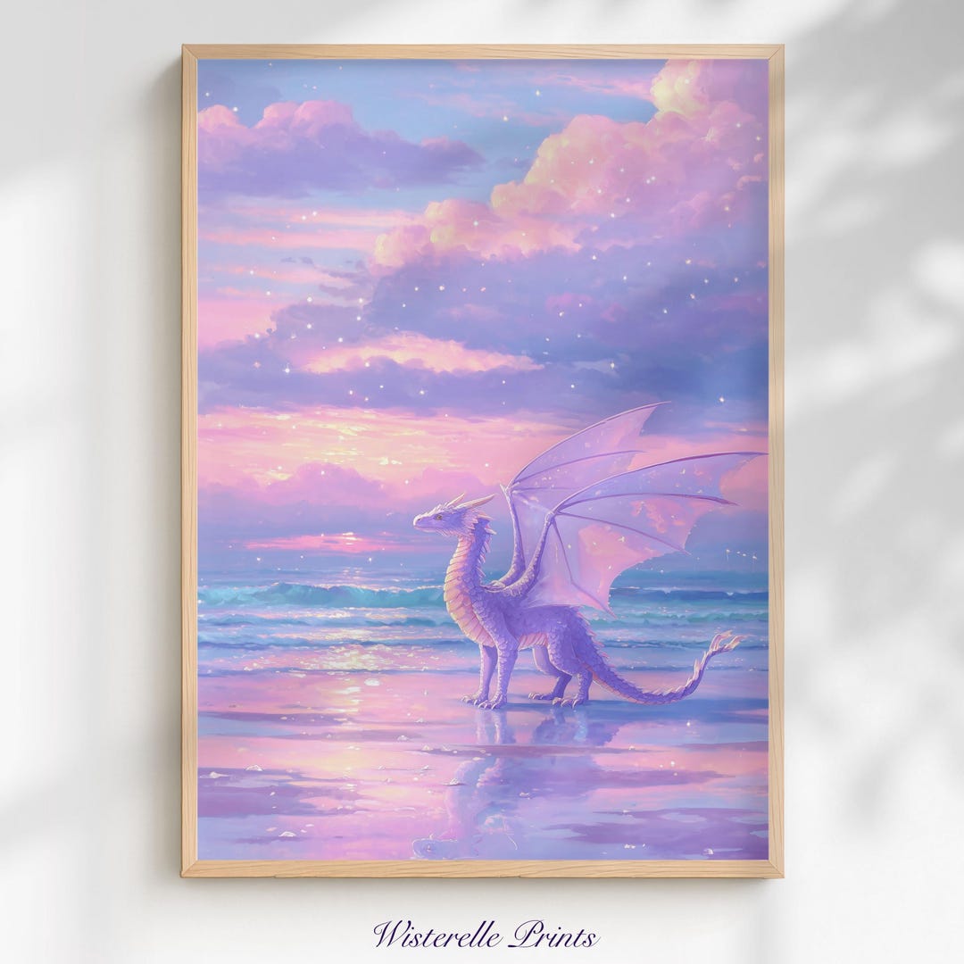 Purple Dragon Coastal Wall Art Print: Pastel Whimsical Fantasy Kids ...