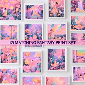 May include: A set of 25 framed fantasy art prints. Each print features a unique, colorful illustration of whimsical scenes with fairies, dinosaurs, and castles. The artwork is predominantly pink, purple, and orange, creating a magical atmosphere. Text on the image reads "25 MATCHING FANTASY PRINT SET."