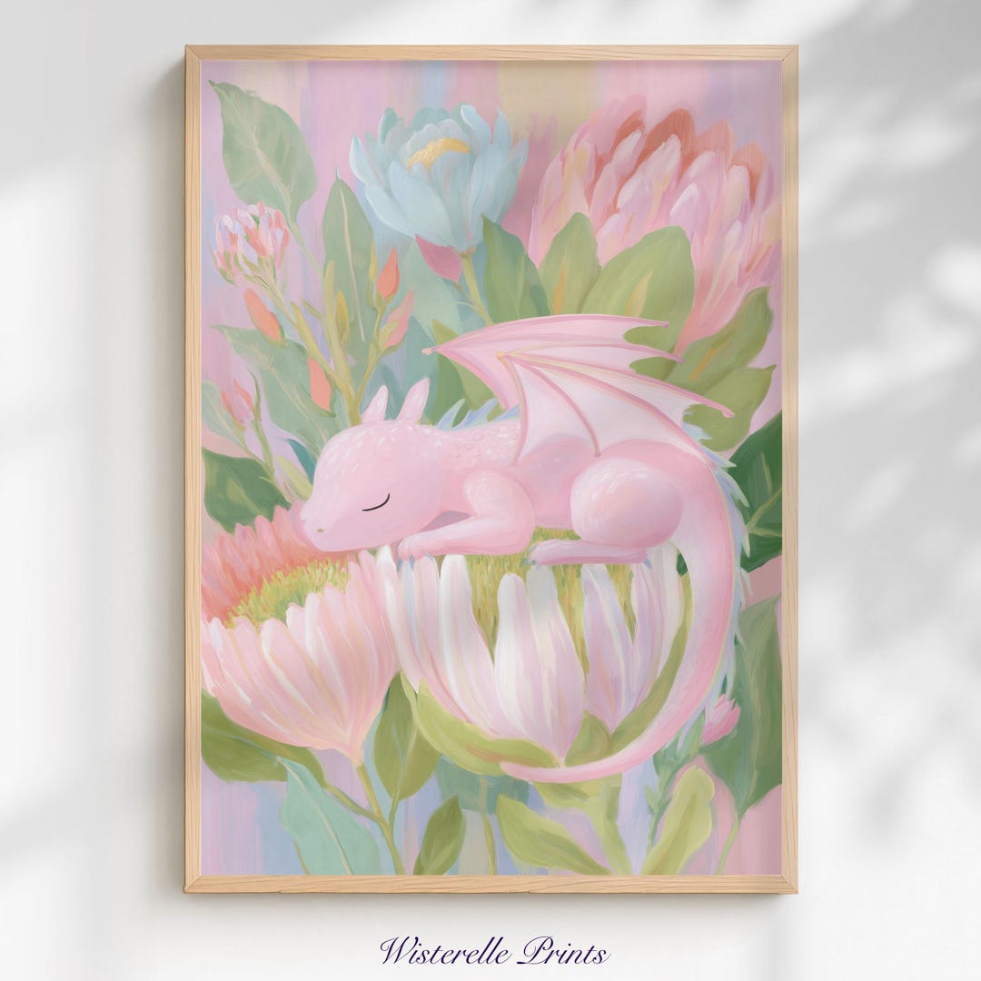 Sleeping Baby Dragon Wall Art Print: Pastel Whimsical Floral Fantasy ...