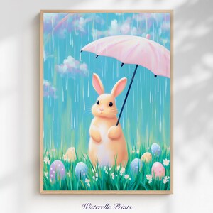 Lámina de Conejo de Pascua bajo la lluvia: Decoración infantil primaveral y alegre (descarga digital)