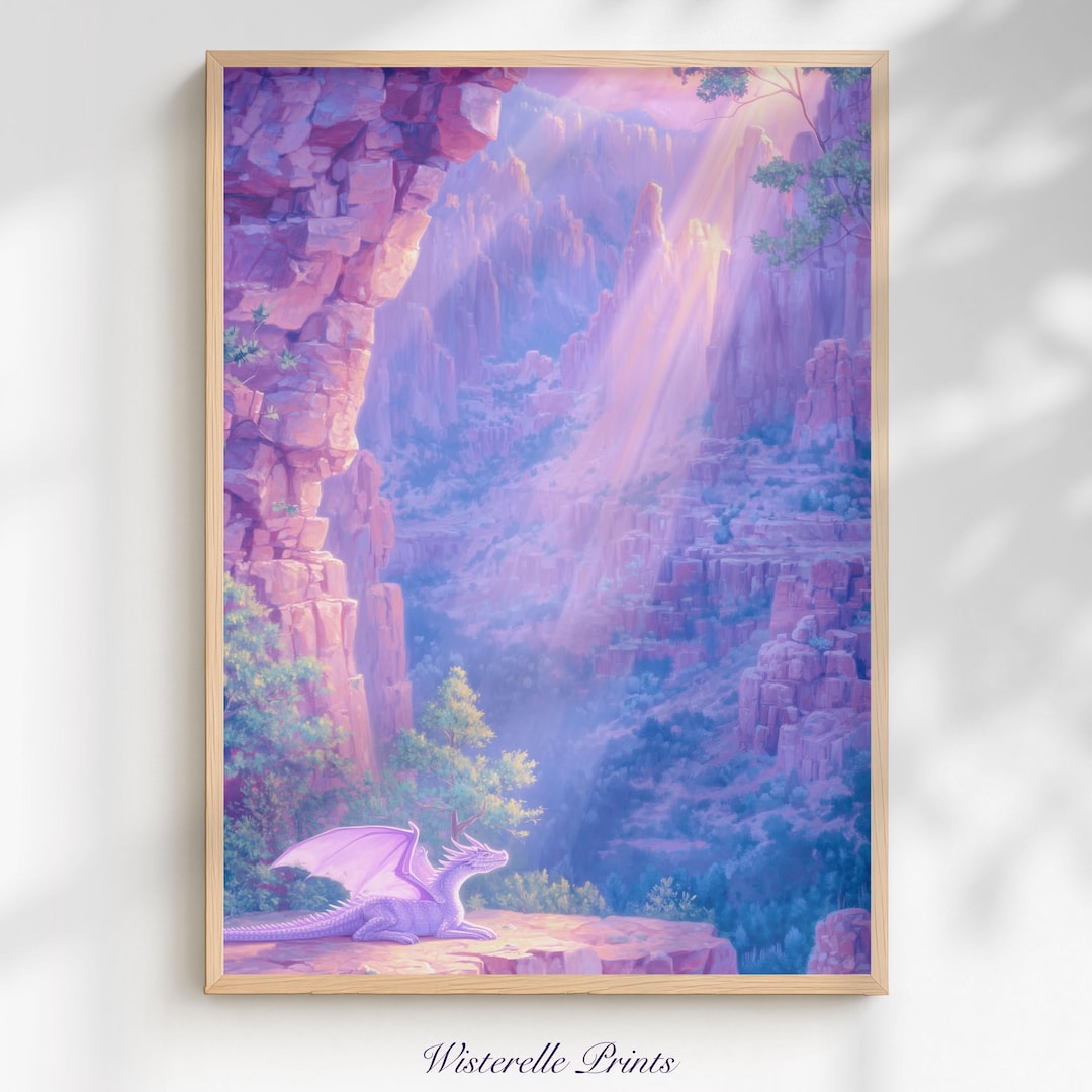 Dreamy Purple Dragon Sunlight Wall Art Print: Pastel Whimsical Fantasy ...