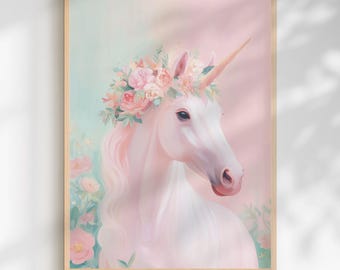 May include: A framed print of a white unicorn with a golden horn and a floral crown. The background is a soft blend of pink and blue with floral details. The text "Wisterelle Prints" is at the bottom of the print.