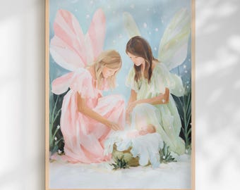 Lámina de pared con diseño de hadas pastel para habitación de bebé: Decoración infantil estilo cottagecore con amor maternal (descarga digital)