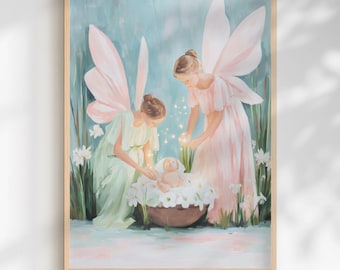 Lámina de pared con diseño de hadas pastel para habitación de bebé: Decoración infantil estilo cottagecore con amor maternal (descarga digital)