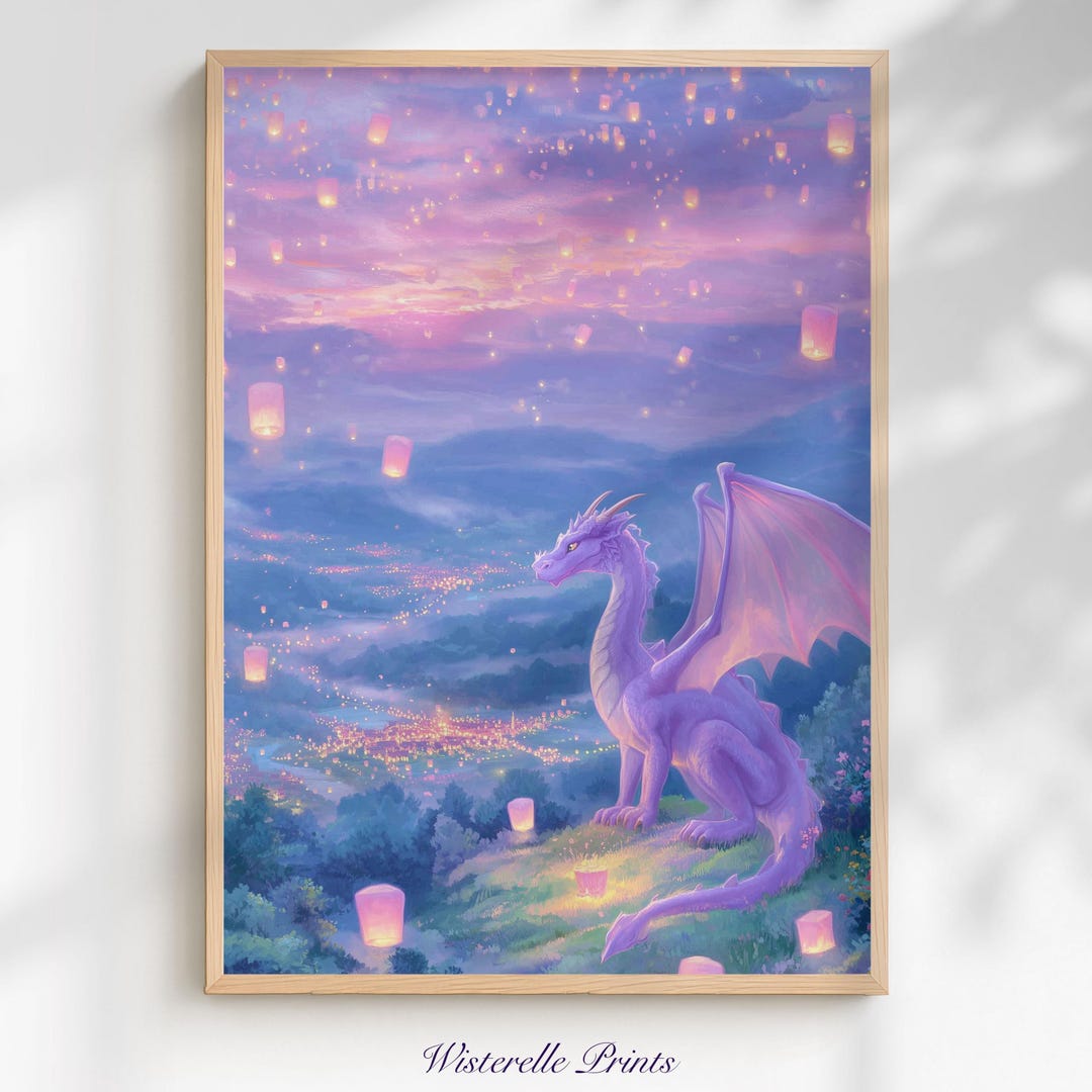 Purple Dragon Lantern Wall Art Print: Pastel Whimsical Fantasy Kids ...