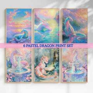 6 Girly Dragon Print Fantasy Wall Art Bundle: Pink Pastel Nursery Decor (Digital Download)