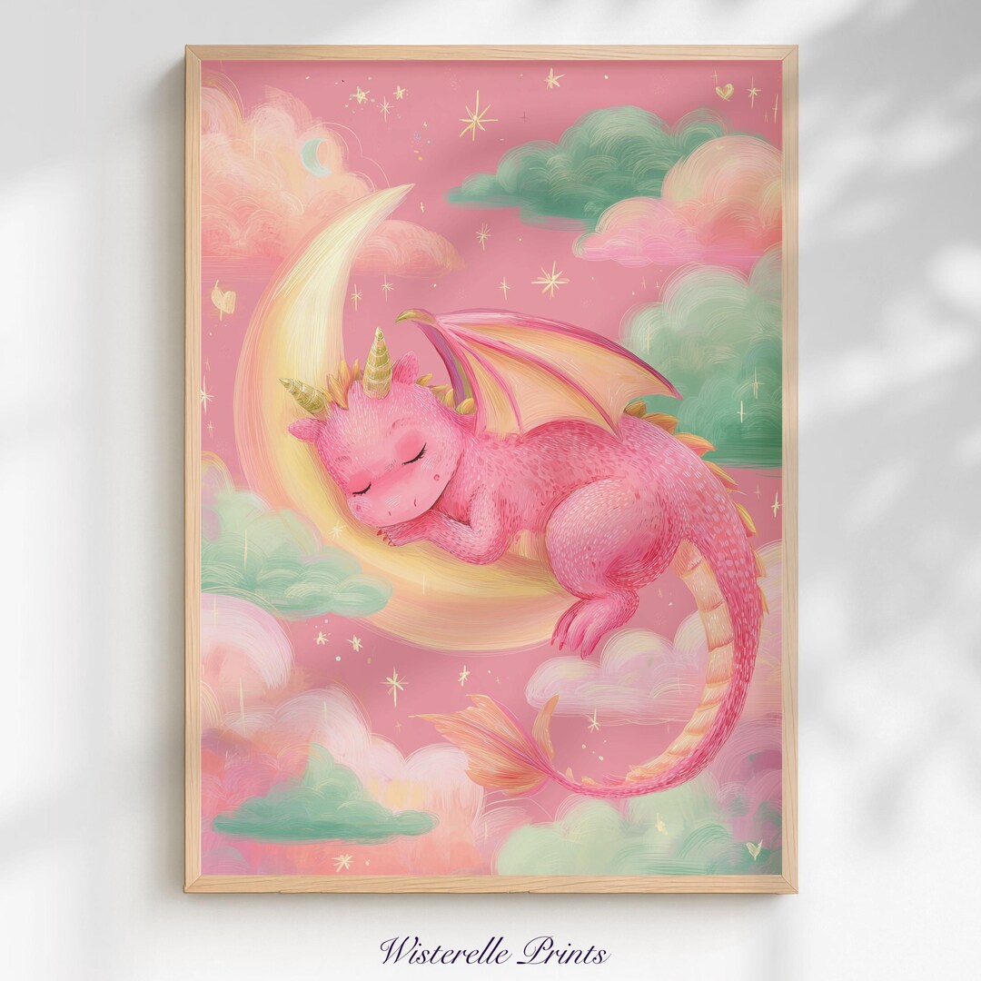 Sleeping Baby Dragon Wall Art Print: Pastel Whimsical Night Sky Fantasy ...