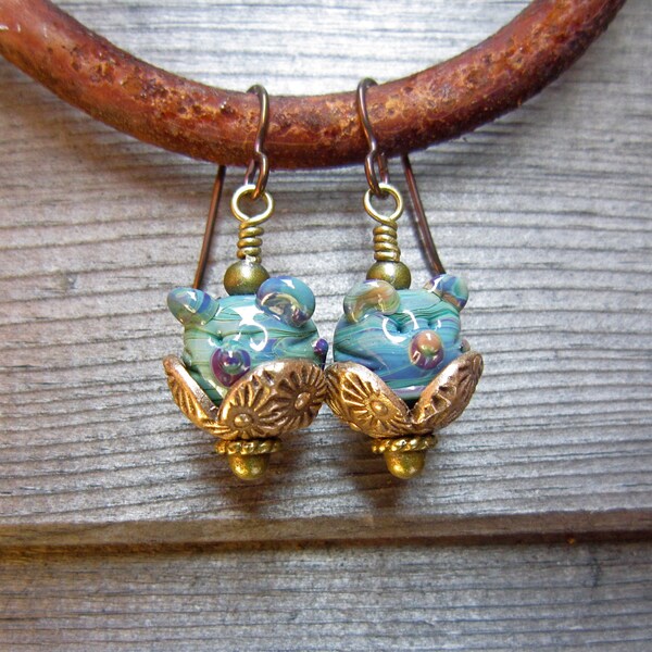 Lampwork earrings, Beaded bronze earrings, mouse earrings,  animal  earrings - Harvest Meeces