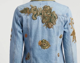 Couture Embellished Denim Jacket | Gold Floral Appliqué | One of a Kind