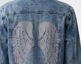Angel Wings Rhinestone Denim Jacket – Hand Embellished Crystal Jean Jacket