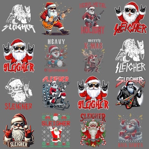 Puede incluir: Una colección de ilustraciones de Papá Noel de rock and roll. Papá Noel se representa tocando la guitarra, la batería y haciendo el gesto de la mano de heavy metal. La palabra "Sleigher" aparece en una fuente de heavy metal.