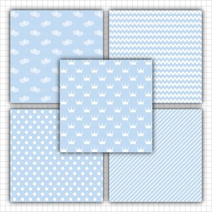 Carta digitale per bambino, Carta per scrapbooking blu per bambini, Carta per inviti, Blu pastello, Azzurro, Pois blu, Modello a strisce blu immagine 2