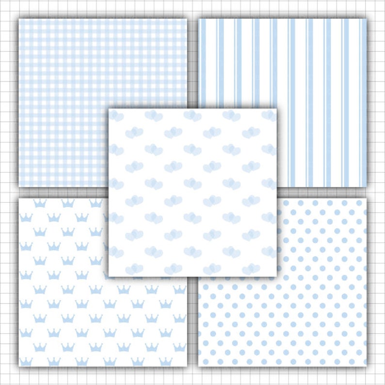 Carta digitale per bambino, Carta per scrapbooking blu per bambini, Carta per inviti, Blu pastello, Azzurro, Pois blu, Modello a strisce blu immagine 3