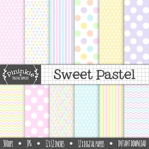 Pastel Digital Paper Pack, Triangles, Stripes, Polka Dots, Chevrons, Purple, Pink, Blue, Yellow, Green, Digital Scrapbook Paper image 1