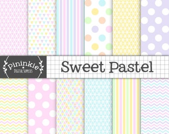 Pastel Digital Paper Pack, Triangles, Stripes, Polka Dots, Chevrons, Purple, Pink, Blue, Yellow, Green, Digital Scrapbook Paper