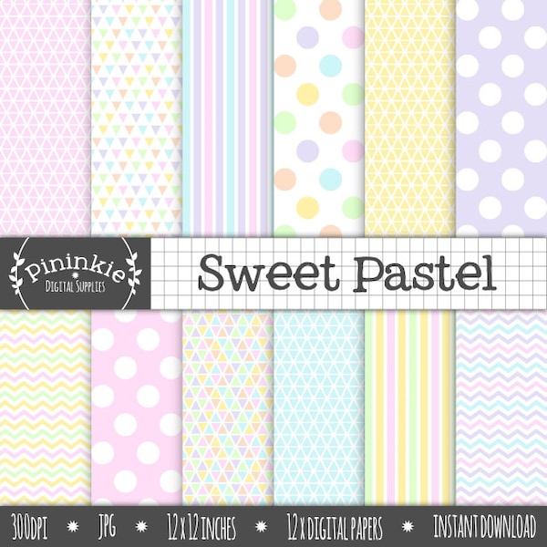 Pastel Digital Paper Pack, Triangles, Stripes, Polka Dots, Chevrons, Purple, Pink, Blue, Yellow, Green, Digital Scrapbook Paper