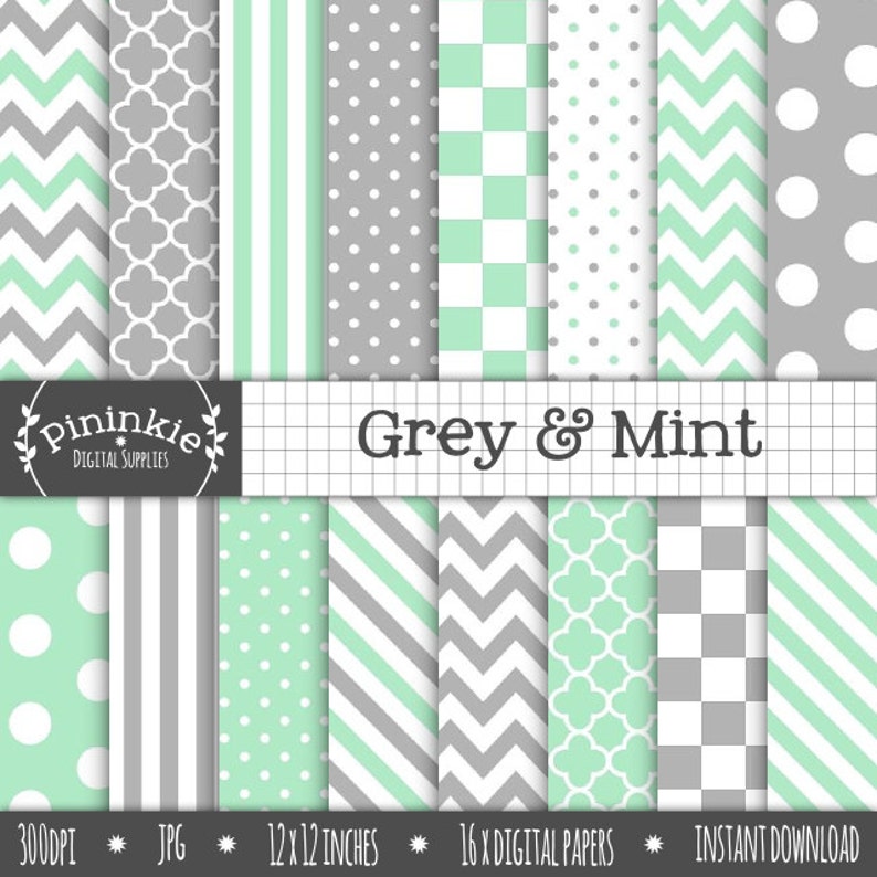 Mint Chevron Digital Paper Instant Download Grey Digital Scrapbook Paper Pack Green Paper Mint Digital Paper Pack