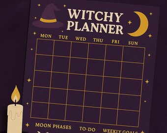 May include: A purple "Witchy Planner" with gold accents, including a witch's hat, stars, and a crescent moon. The planner features a weekly calendar, moon phase tracker, to-do list, and weekly goals section. A candle and broom are also featured.