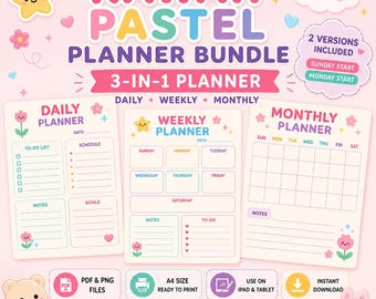 Ensemble d'agendas kawaii imprimable A4, quotidien hebdomadaire, mensuel, agenda pastel PDF, début du dimanche