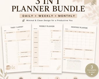 Paquete de agenda minimalista 3 en 1 / Diaria, semanal, mensual (descarga en PDF tamaño A4)