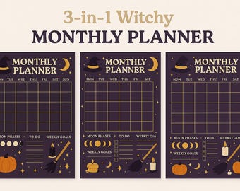 May include: Three-panel monthly planner with a witchy theme. Each panel features a grid for daily planning, a witch hat, and a crescent moon. Includes sections for moon phases, to-do lists, and weekly goals. The text "3-in-1 Witchy Monthly Planner" is at the top.