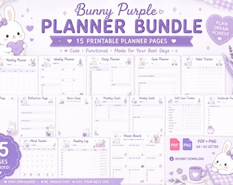 Bunny Purple Planner Bundle | 15 Printable Planner Pages | Daily Weekly Monthly | A4 PDF PNG
