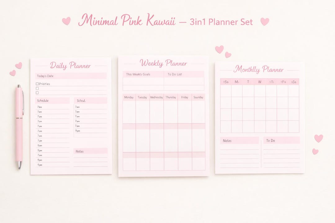 Minimal Pink Kawaii Planner | Daily Weekly Monthly A4 Printable - Etsy