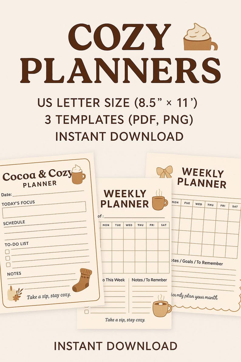 Cocoa & Cozy Planner Set | Warm Hygge Printable (daily, Weekly, Monthly ...