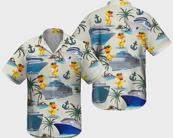 Hawaiiaans shirt Cruising Ducks, shirt grappige eend, zomerse sfeer tropisch shirt, Duck Lover shirt met korte mouw button-down, shirt Aloha