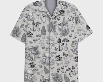 Camisa hawaiana tropical vintage con estampado de setas, camisa de manga corta con botones y estampado de setas para viajes familiares, camisa de playa de verano Aloha.