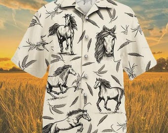 Camisa hawaiana tropical vintage con estampado de granja de caballos, camisa de manga corta con botones para viaje familiar a una granja de animales, camisa de verano Aloha para la playa.
