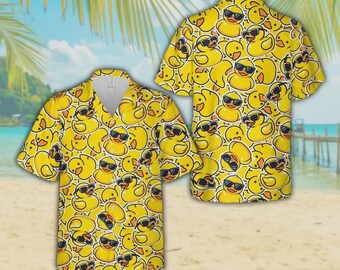 Camisa hawaiana con estampado de patito de goma amarillo, camisa de manga corta con botones y estampado de patito, linda camisa de playa de verano con estampado de patito, regalo para un amigo.