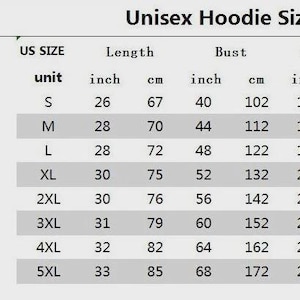 May include: A size chart for unisex hoodies, with measurements in inches and centimeters. The chart includes sizes S to 5XL, detailing length, bust, shoulder, and sleeve dimensions. A diagram illustrates the measurement points on a hoodie.
