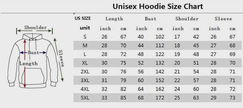 May include: A size chart for unisex hoodies, with measurements in inches and centimeters. The chart includes sizes S to 5XL, detailing length, bust, shoulder, and sleeve dimensions. A diagram illustrates the measurement points on a hoodie.