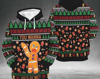 Funny Gingerbread Man Ugly Christmas Hoodie, You Wanna Piece of Me Sweatshirt, Xmas Gift for Men Women Holiday Party Outfit
