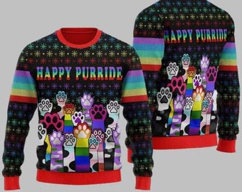 Happy Purride LGBT Ugly Christmas Sweater, Funny Ugly Holiday Jumper, Cozy Gift for Him Her, Festive Winter Sweatshirt