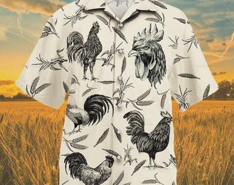 Camicia hawaiana tropicale vintage con galli da fattoria, camicia a maniche corte con bottoni per un viaggio in famiglia in fattoria con animali, camicia estiva Aloha da spiaggia