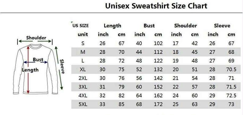 May include: Unisex sweatshirt size chart with measurements in inches and centimeters. Includes sizes S to 5XL, detailing length, bust, shoulder, and sleeve dimensions. The XL size has a length of 30 inches (75 cm), a bust of 52 inches (132 cm), and a sleeve length of 28 inches (70.5 cm).