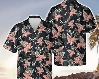 Flying Pig Pattern Hawaiian Shirt, Funny Flying Pig Shirt Summer Vibe Tropical Shirt, Short Sleeve Button Down Shirt, Aloha Shirt