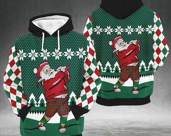 Funny Santa Golf Hoodie, Golf Lover Xmas Sweatshirt, Holiday Gift for Dad, Santa Playing Golf Holiday Party Outfit