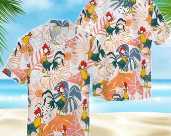 Hei Hei Moana Tropical Hawaiian Shirt, Hei Hei Monstera Leaf Disney Short Sleeve Button Down Shirt,  Summer Beach Shirt, Gift For Friend